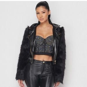 Black pleather faux fur cropped jacket